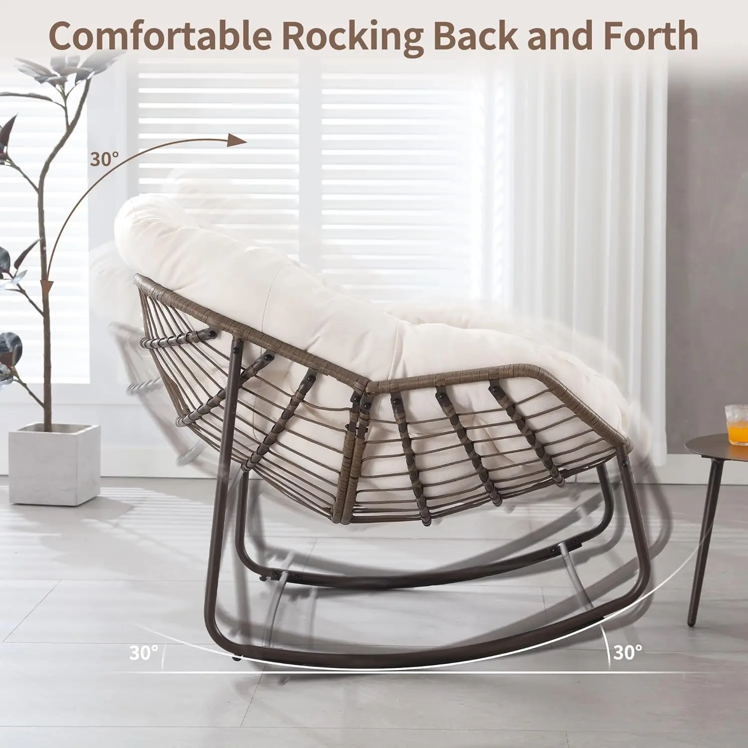 Papasan Rocking Chair - Oversized Comfy Patio Chair Indoor Egg Royal Rattan Rocking Chair with Cushion for Front Porch Lounge La