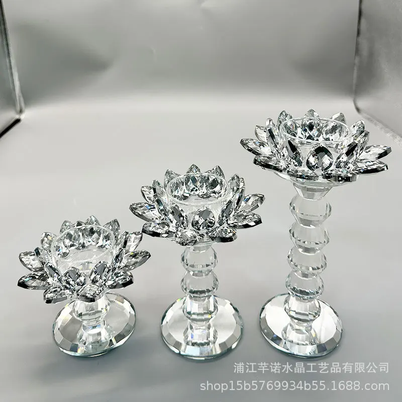 Crystal Lotus Flame Candle Holder European Style Plated Long Ming Lantern Oil Lamp Artificial Plants Home Decor