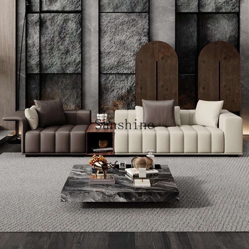 

Italian minimalist leather sofa modern light luxury living room villa large flat floor special-shaped corner