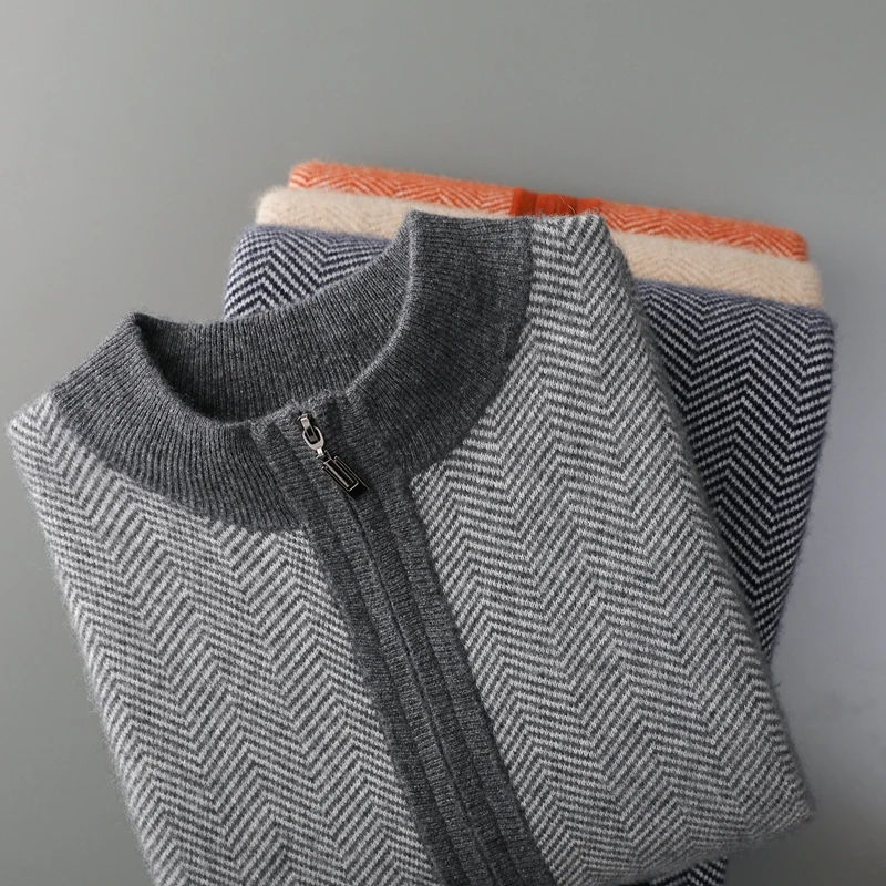 100% Merino Wool Jacquard Set Men's Half High Collar Zipper Knitted Cardigan Casual Small Leggings Autumn/Winter Thick Pants Set view 4