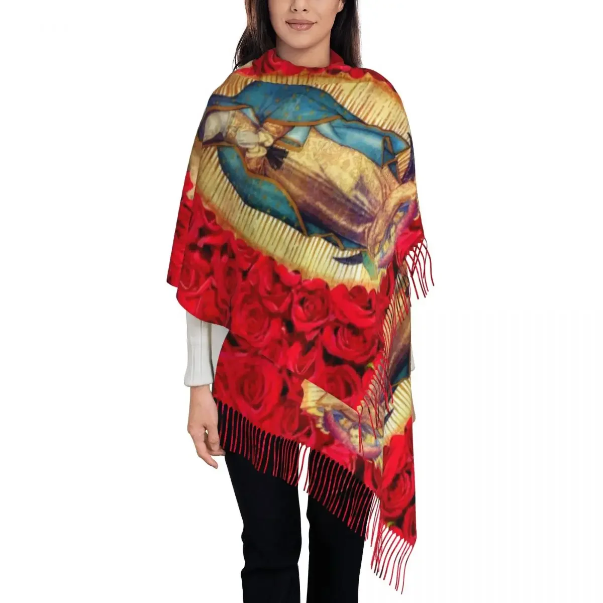 Custom Printed Guadalupe Virgin Mary With Flowers Scarf Men Women Winter Fall Warm Scarves Catholic Shawls Wraps