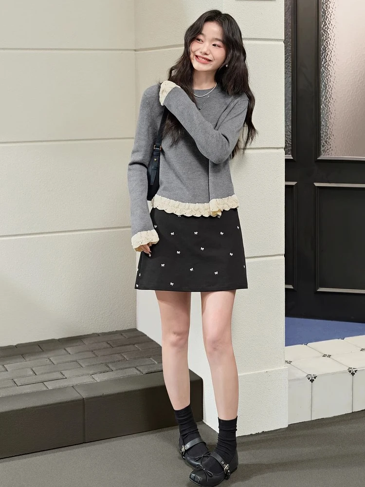 Red Knitted Fake Two-Piece Sweater Women's Spring Autumn New Sle Bla Hollow Lace Inner Wear Slimming Base irt Top