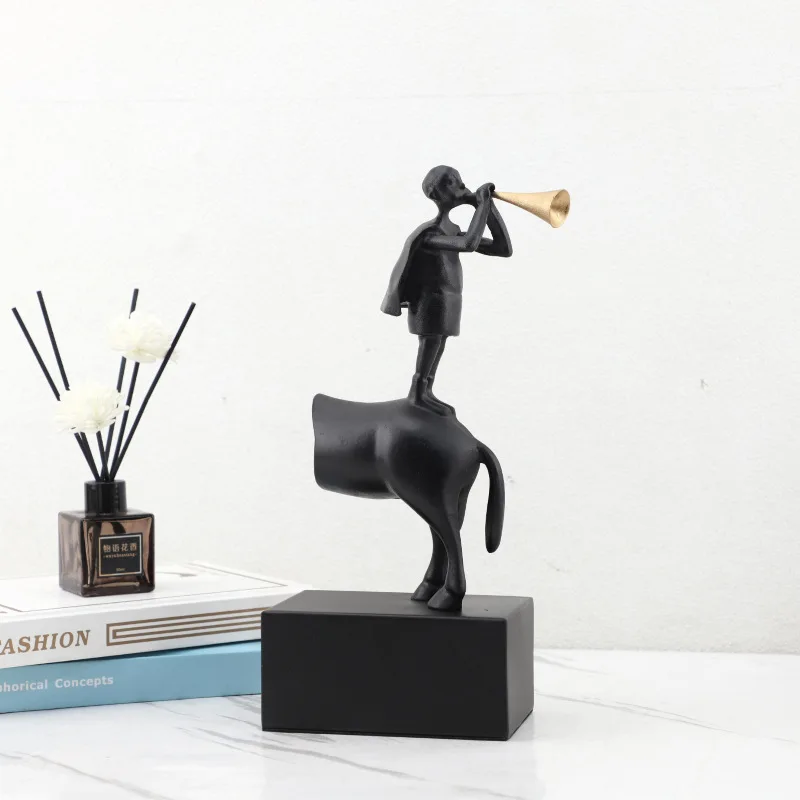 Modern simple abstract metal blown suona horseback juvenile sculpture ornament living room bedroom entrance home decoration