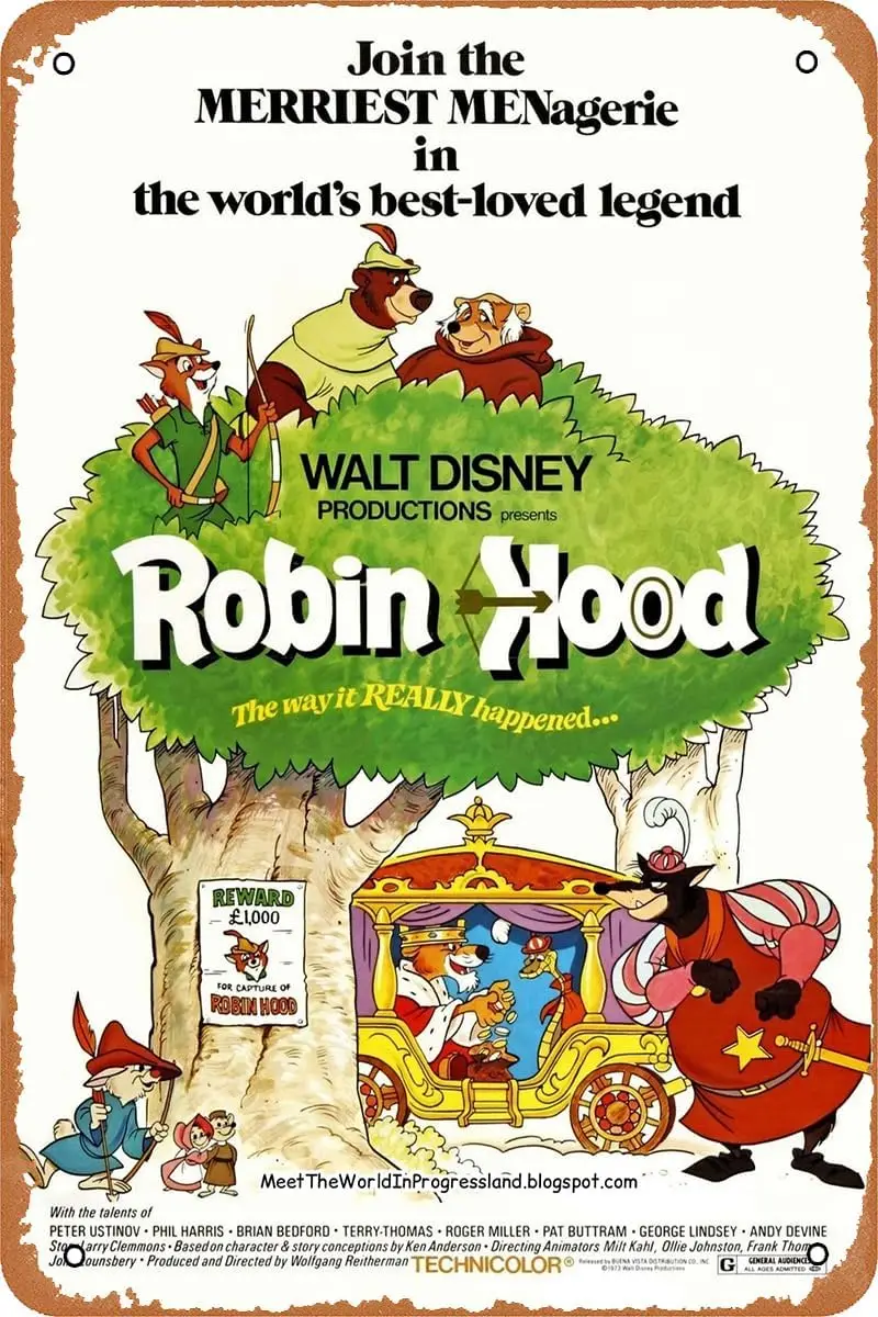 Robin Hood-Póster de película de dibujos animados para niños, cartel de estaño Retro, aspecto Vintage, letrero de Metal para cafetería, hombre, cueva, dormitorio, decoración de arte de pared del hogar, 1973