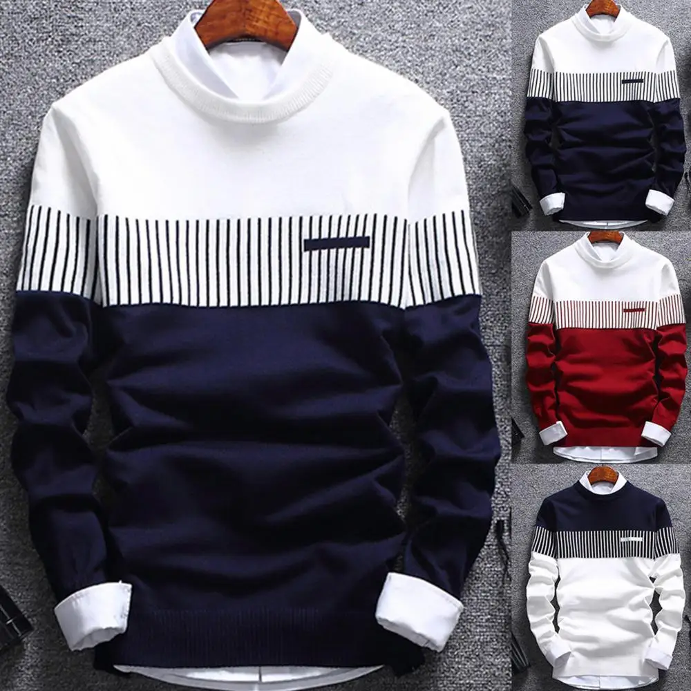 

Fashion Men striped Sweater pullover Color Block Patchwork O Neck Long Sleeve Knitted Sweater Top Blouse For Warm Men's Clothing