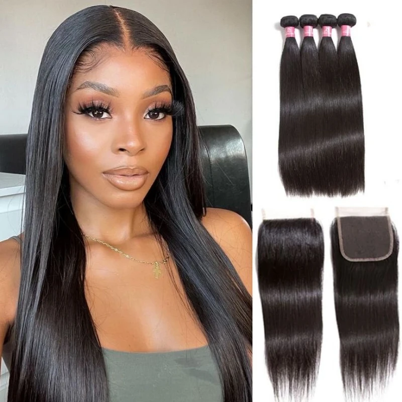 

Ali Queen Straight Virgin Hair Bundle 4pcs Brazilian Human Hair Bundles With 4X4 Lace Closure Hair Extension Weaving Frontal