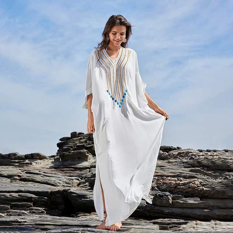 Ocean Kaftan Boho Chic White Loose Caftan Morocco Long Robe V-Neck Sheer Beach Cover Ups Sequin Embroidery Women Maxi Dress