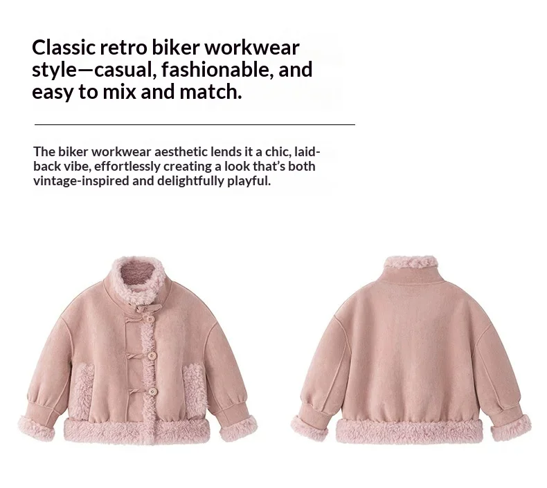 Mädchen Stehkragen Shearling-Mantel 2025 Neue Kinder-Kombinations-Lammwoll-Wildleder-Kurz-Motorradjacke Winter Warme Kinder-Oberbekleidung – Detail 12