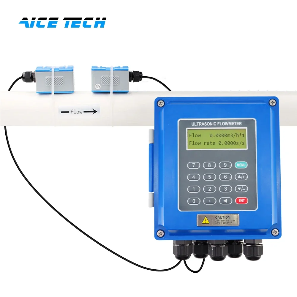 Aice Tech Wall Mounted 4~20ma Flowmeter DN50-700 Rs485 Clamp On Ultrasonic Water Liquid Flow Meter