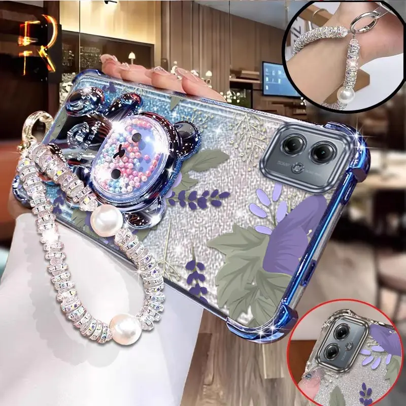 

G54 Purple flowers Plating Bracelet Holder Phone Case For Motorola G54 G54Powe G84 G64 G20 G52 G71S G10 G82 G30 Cover