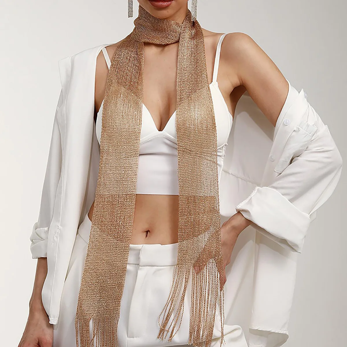 

1pc Fashionable Gold-Colored Silk Long Tassel Scarf, Versatile Accessory