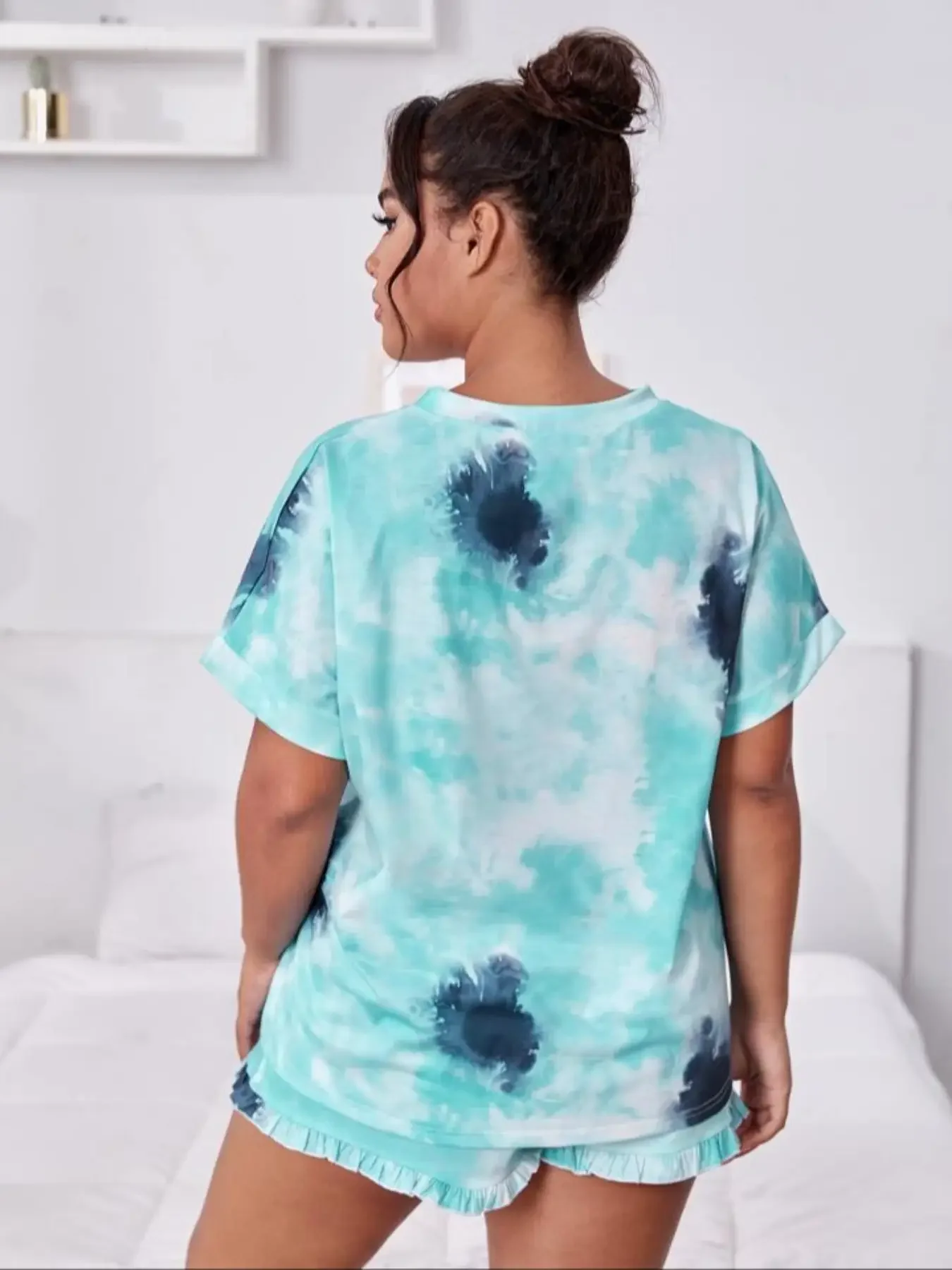 2 szt. Damski Plus Size Tie Dye zestaw piżamy z spodenkami z sałatą i koszulką z krótkim rękawem-wygodne odzież domowa na codzienne dni