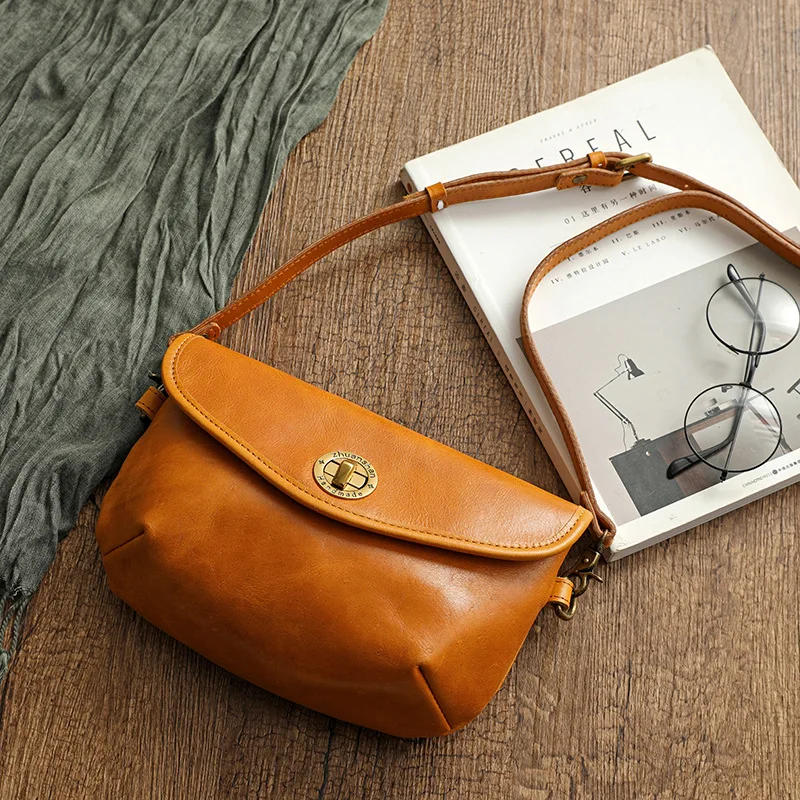 

Hasp Cover Crossbody Bag Women Vintage Retro Solid Simple Style Versatile Ladies Cowhide Genuine Leather Single Shoulder Bags
