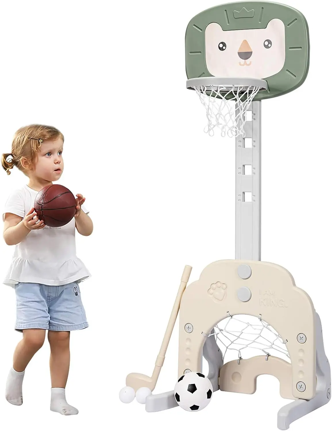 Kids Basketball Hoop, Toddler Sports Activity Center w/ 5 Adjustable Height Levels, Basketball Soccer Golf Game Set, Indoor Ou