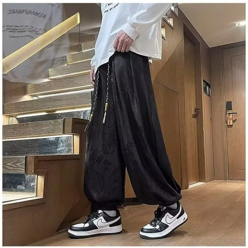 

Тонкие висячие брюки, мужские шаровары в китайском стиле с рисунком дракона, свободные повседневные модные универсальные широкие брюки