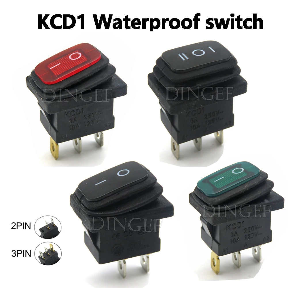 1PCS/lot KCD1 Waterproof switch 3PIN red with lights button rocker power switch oil-proof and dust-proof ON/OFF Black/Blue/Red