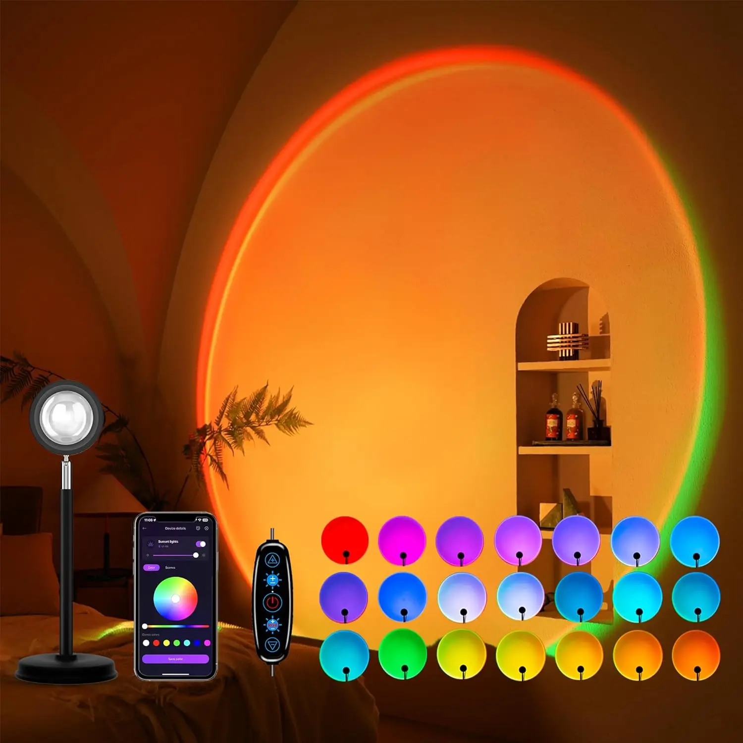 

Sunset Lamp Projector with 21+ Colors, 180° Rotation, APP & Button Control for Romantic Decor
