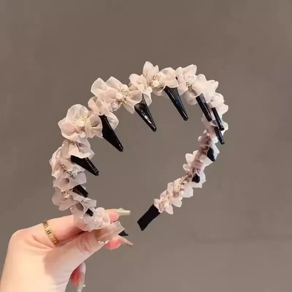 1Pcs Durable Black Lace Mesh Headband Sweet Ruffle U Shape Hair Hoop Pearl Shiny Non-slip Hairband For Women Girls