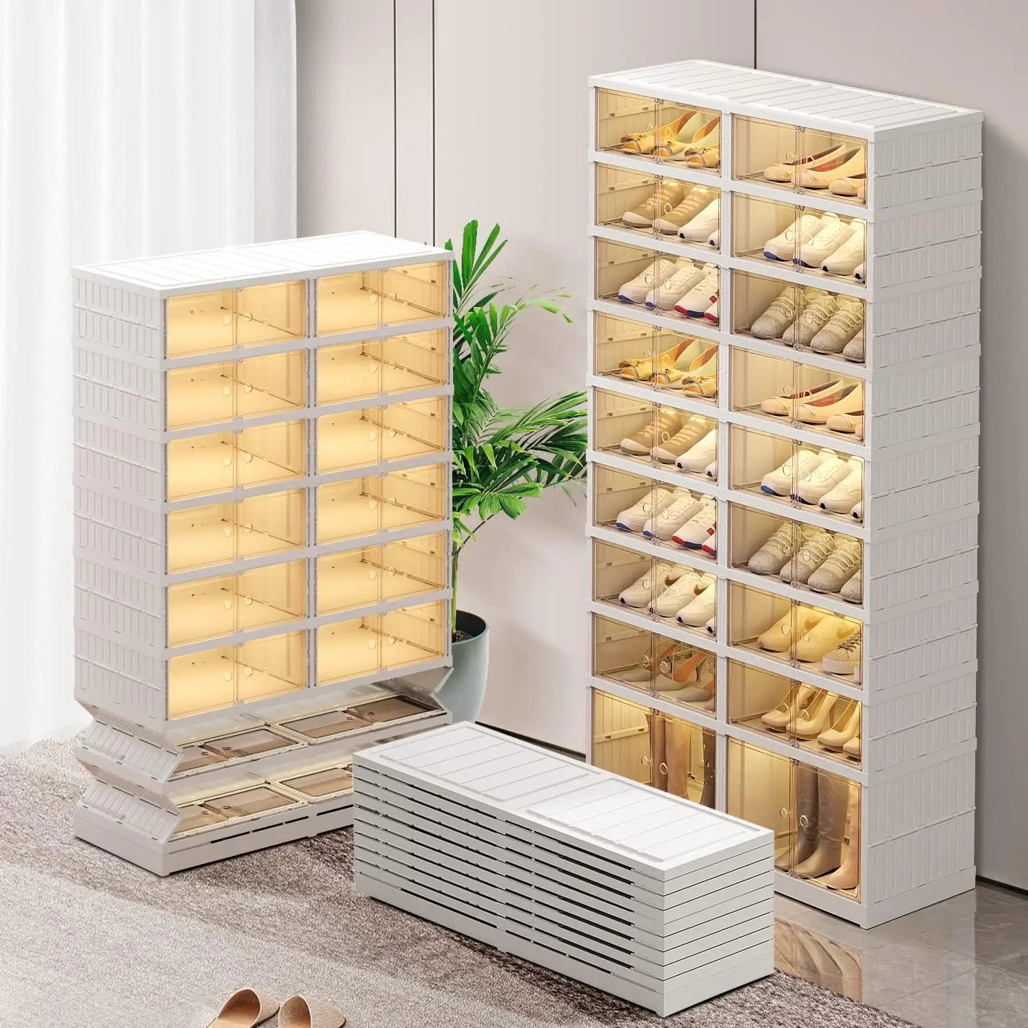 Organizador de zapatos plegable de 9 niveles con puertas, armario de plástico blanco grande y plegable para treinta y seis pares, caja de zapatos apilable para botas y zapatillas para la entrada