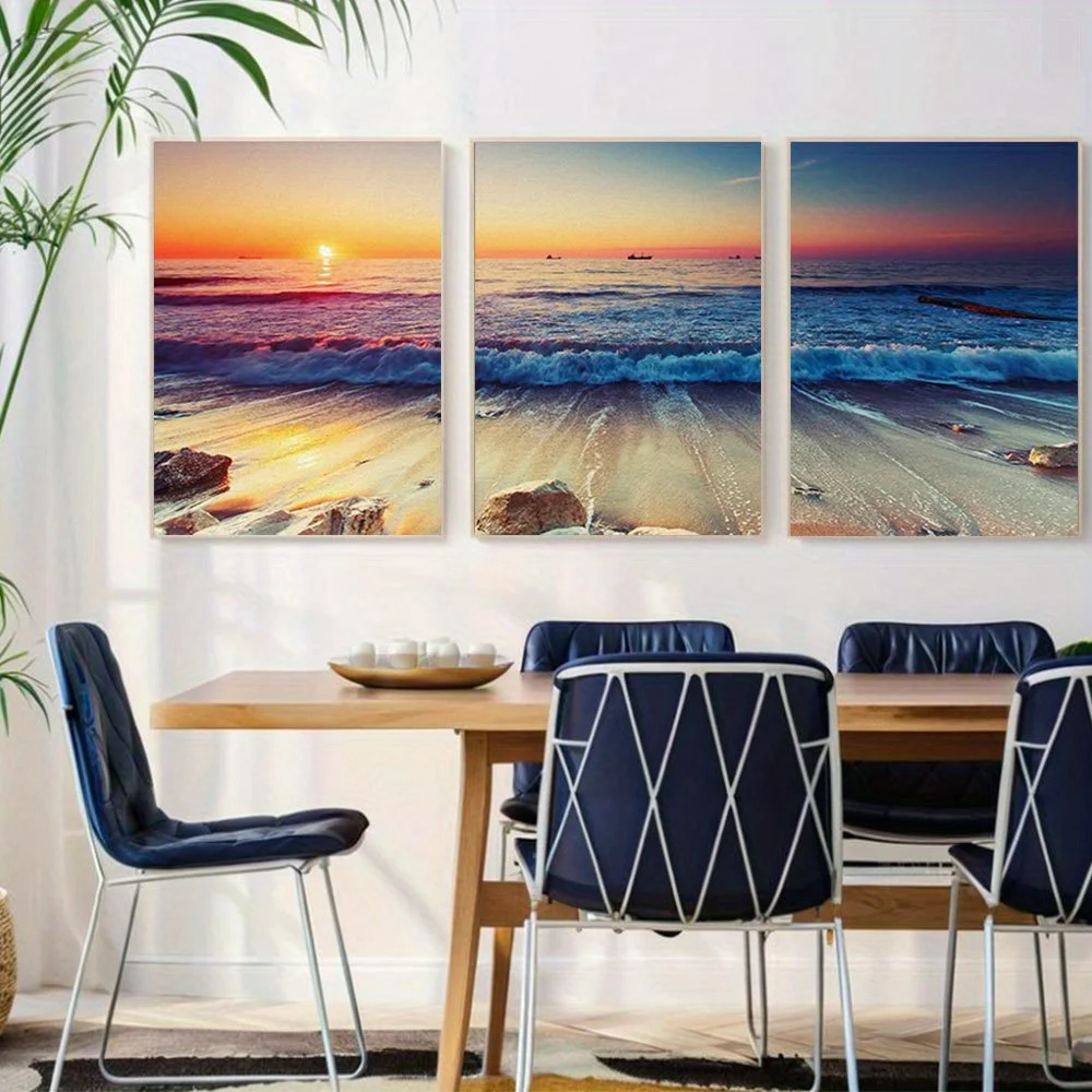 2D Flat 3pcs Unframed wall Piece Canvas Wall Art Beautiful Sunrise Over The Horizon Modern Home Art Stretched and Panels, 2D
