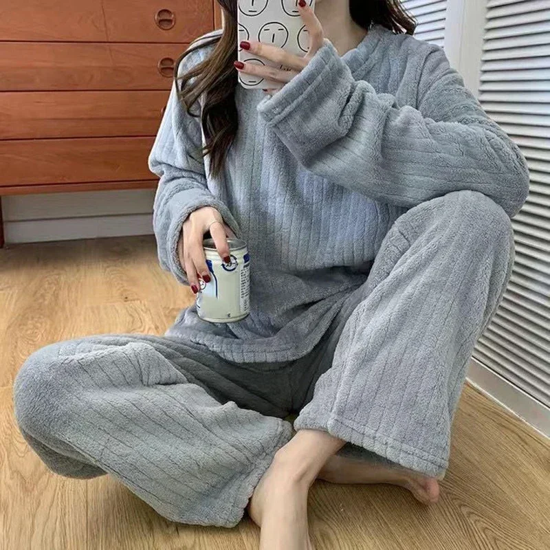 POCZCIY Women Fleece Sets Pullovers And Trouser 2 Piece Set Tracksuits Solid Stripe Ribbed Loose Pajama Set Women Autumn Winter