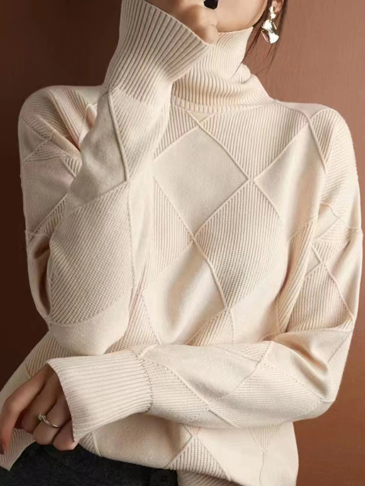 

New in Autumn Winter Women Turtleneck Sweaters Full Sleeve Pullovers Spliced Thick Sweater Lozenge Elegant Lady Solid Outwear