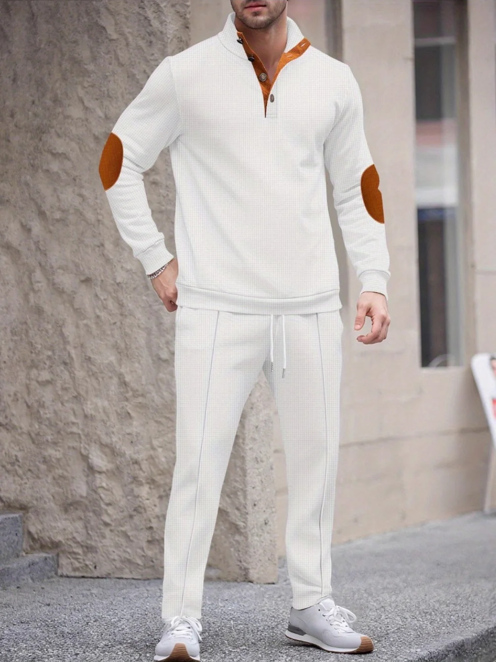 

Мужской осенний новый стиль, американский воротник-стойка, пуговицы, защита локтей, комплект с длинными рукавами и брюками с цветными блоками