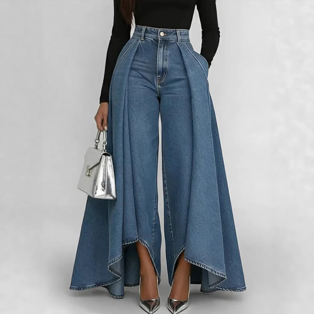 Layered Flared Denim Pants Women Irregular Split Hem Wide Leg Jeans Pockets Vintage Pleated Casual Fashion Jeans Trousers
