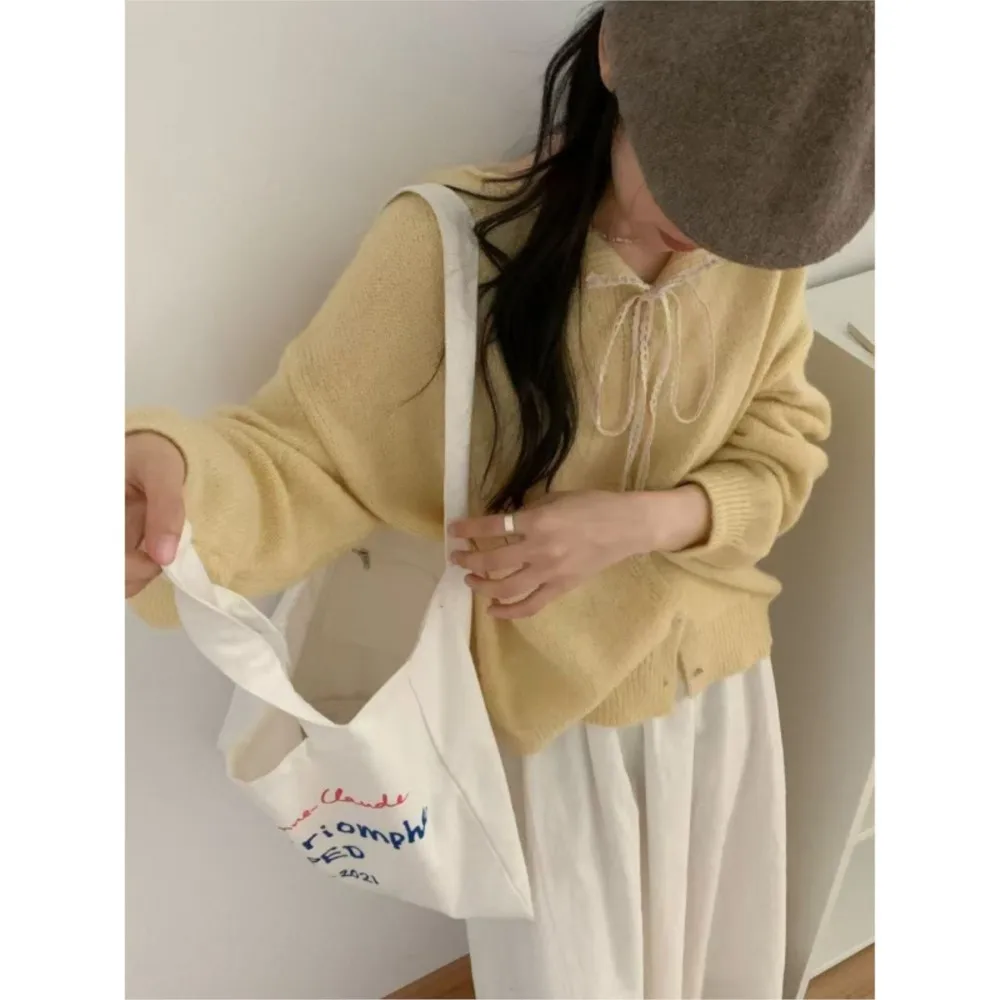 Koreanische Spitze-up Spitze Revers Pullover Kleinen Mantel frauen Einfarbig Vielseitig Strickjacke Komfortable Zieht Femmes Alle-spiel