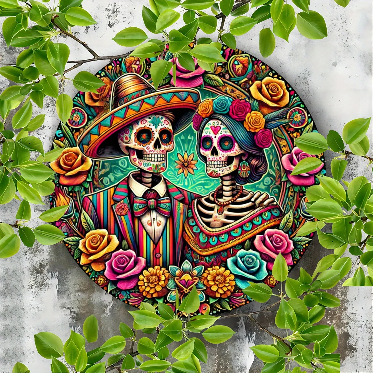 قطعة واحدة من لافتة خشبية مسطحة دائرية ثنائية الأبعاد، شعار إكليل بنمط هيكل عظمي يوم الموتى، مناسب لتزيين يوم الموتى