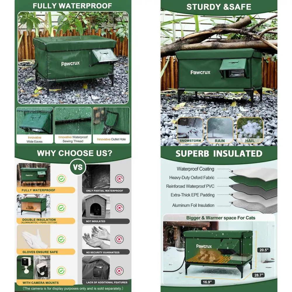 

Weatherproof Insulated Outdoor Cat Shelter with Heating Pad, Elevated Green House for Feral Cats (29L x 17W x 20H)