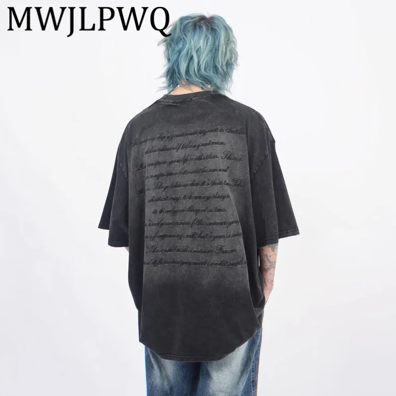 

MWJLPWQ винтажная потертая футболка с вышивкой букв для мужчин с коротким рукавом, свободные повседневные топы в американском уличном стиле, новинка 21096