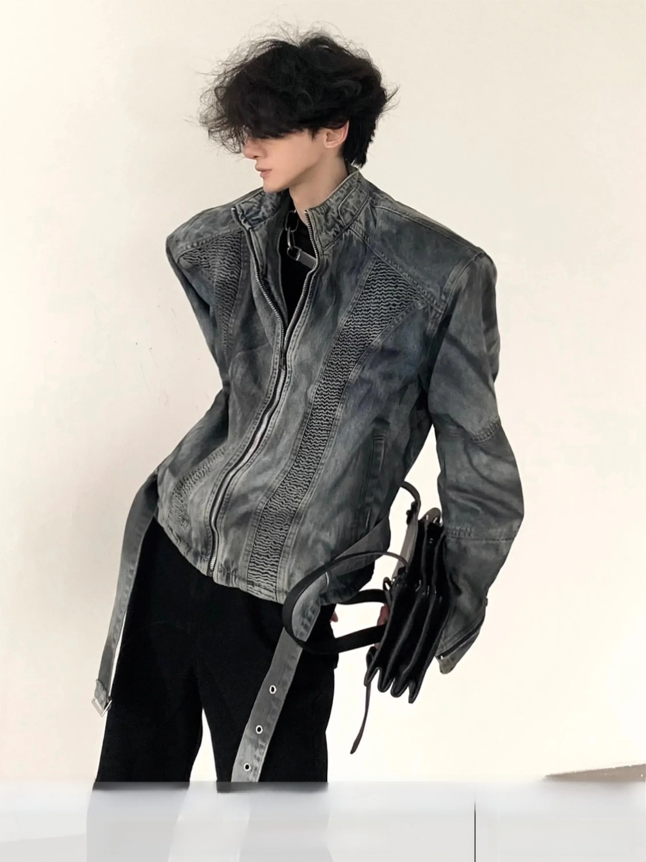 Heavy Duty Shoulder Padded Denim Jacket Men's Retro American Short Style Pleated Design Casual Youthful Spring Autumn Winter ...
