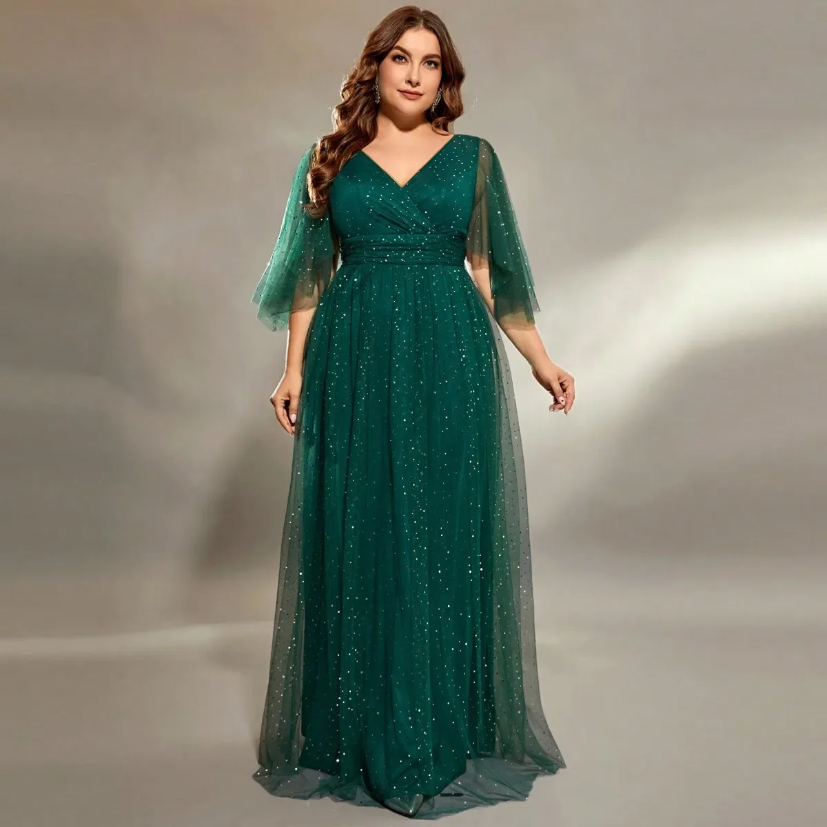 Plus Size Long Evening Dress for Party and Banquet Elegant Choir Performance Dress for Women V-neck Short Sleeve Wedding Gown