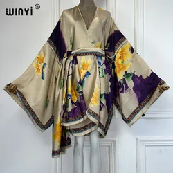 WINYI Summer beach outfits women Swim Suit Cover up kaftan boho Cardigan stitch Self Belt sexy Holiday long Sleeve print Kimono