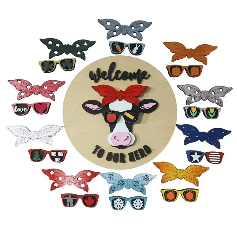 B84B 11Pcs Easter Day Interchangeable Door Hanger Cow, Wooden Farmhouse Front Door Hanging Decoration with Lanyard, Easter Gift