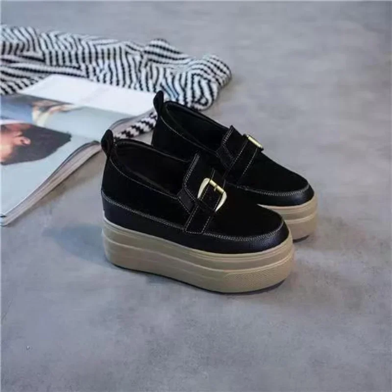 Thick Sole Shoes Women Spring New Genuine Leather Versatile Black Casual Elevated Women's Shoes Platform Sneakers High (5cm-8cm
