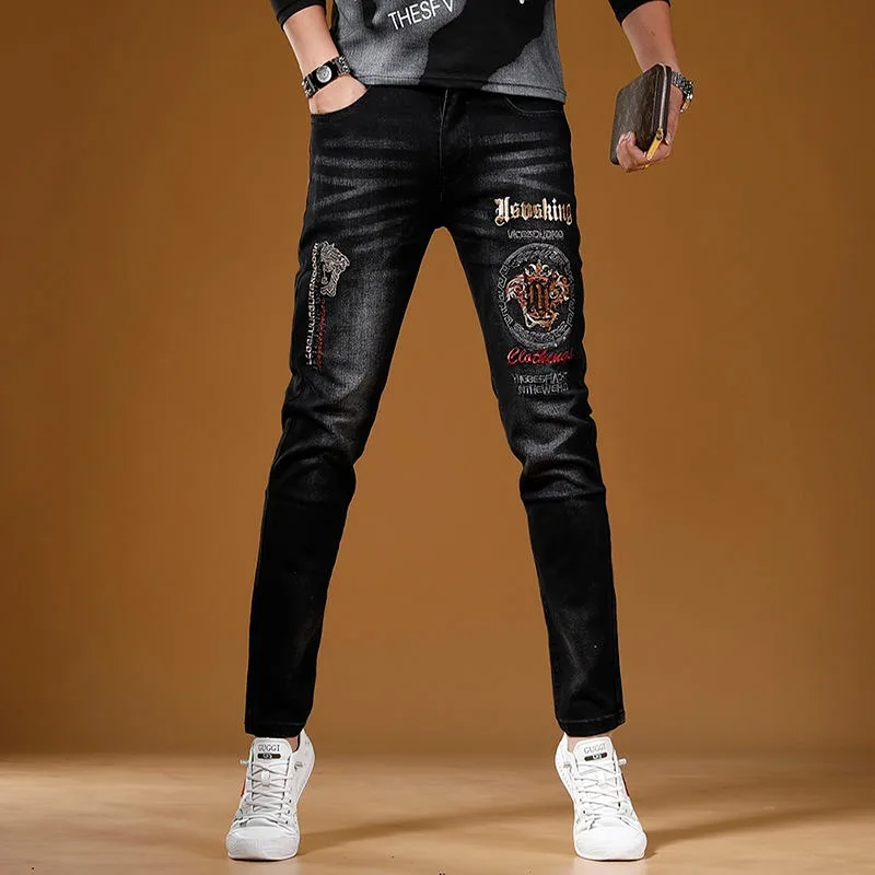 

Light Luxury Men’s Street Fashion Black Jeans,Korea Version Slim-fit Stretch Denim Pants,Trendy Embroidery Casual Jeans Pants;