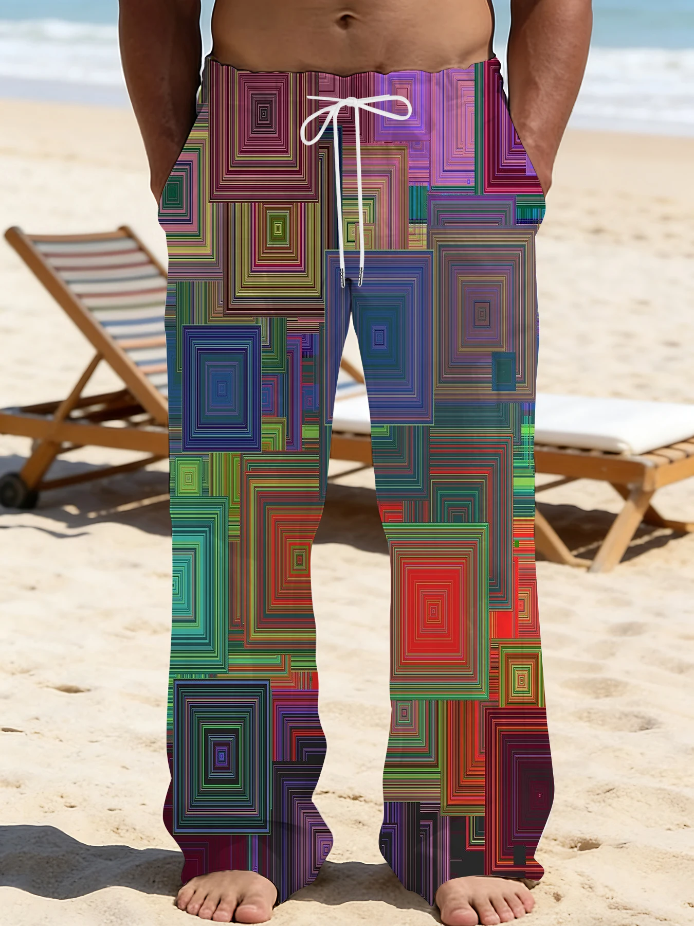 

2026 Men's Printed Straight Leg Pants Abstract Wave Pattern Drawstring Waist Loose Fit Summer Beach Casual Lightweight Pants