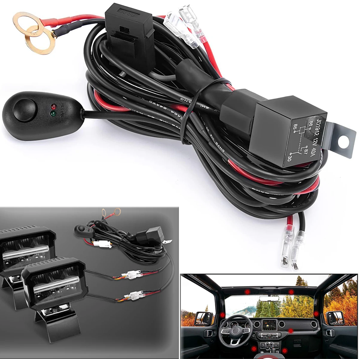 Kit de arnés de cableado de barra de luces LED de trabajo de 10 pies, relé de interruptor de arnés de cableado de luces LED de 12V 40A, 2 cables para conducir luces todoterreno