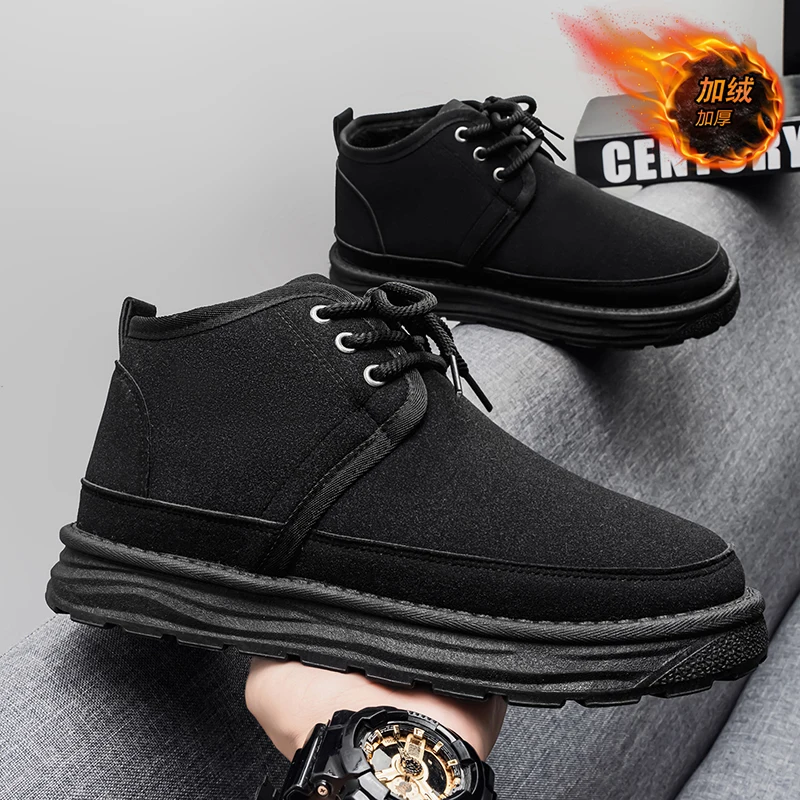 Winter Men Shoes Warm Fur Snow Boots Waterproof Suede Furry Leather Ankle Chelsea Boots Male Fluffy Plush Shoes Outdoor Footwear