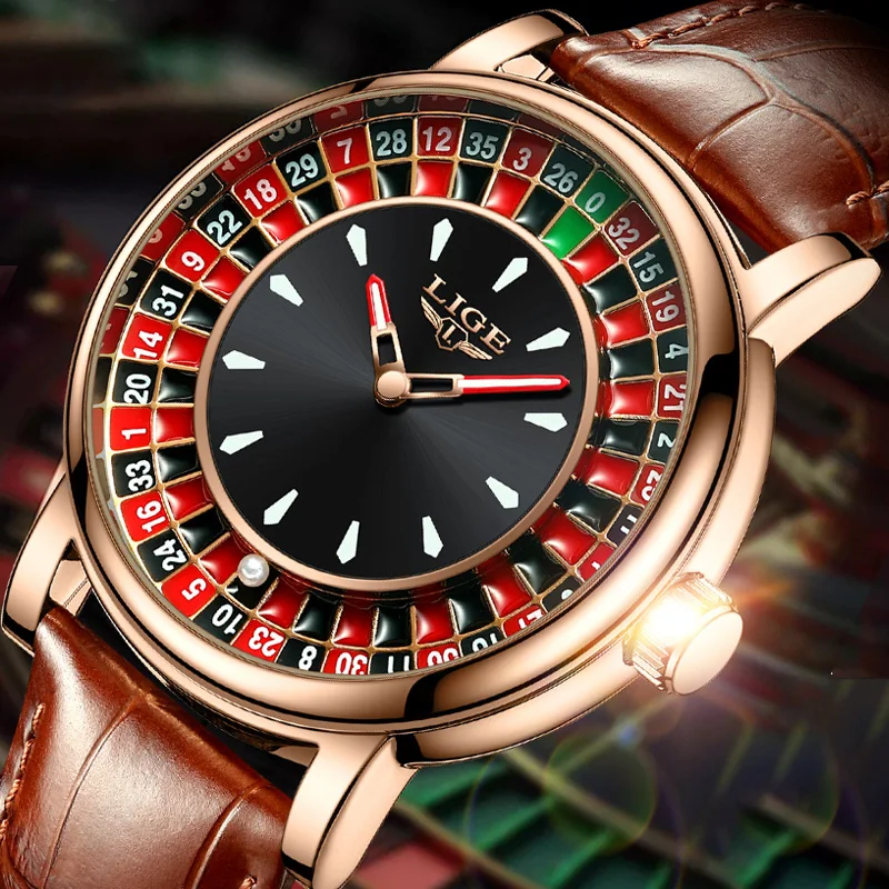 

LIGE Русская Рулетка с циферблатом Мужские часы Креативный циферблат с колесом Мужские наручные часы Деловые кожаные светящиеся вращающиеся часы Lucky Ball