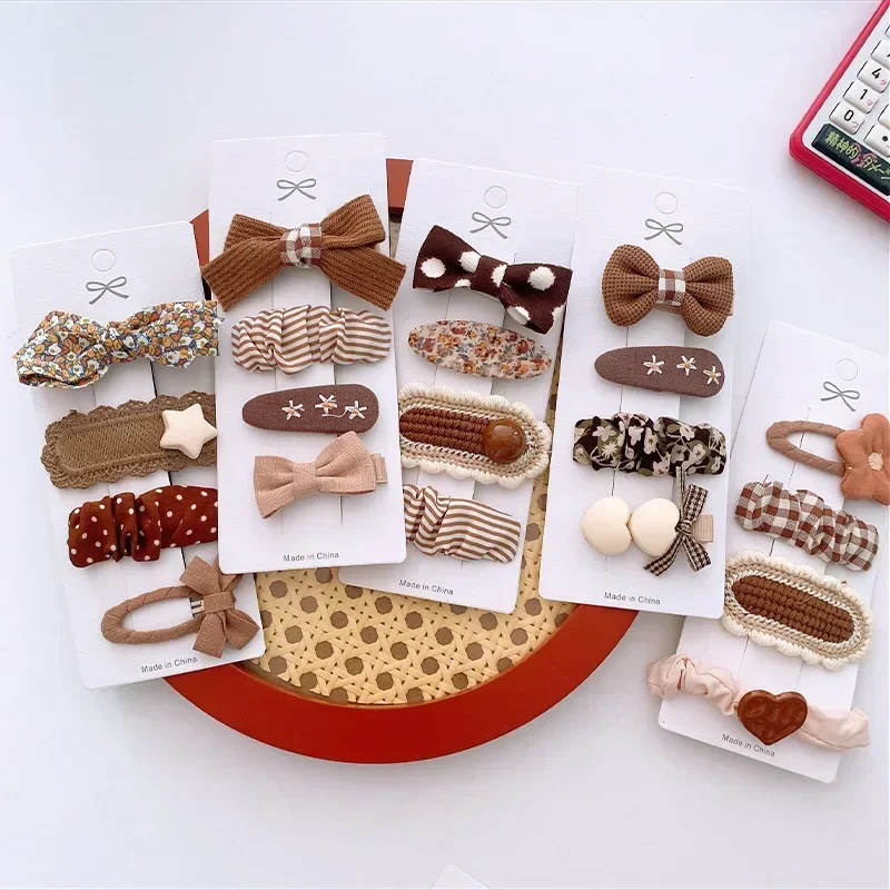 4/8pcs Korean Coffee Color Hair Pin Bow Knit Fabric Princess Hair Clips for Children Baby Girls Headwear Kids Hair Accessories