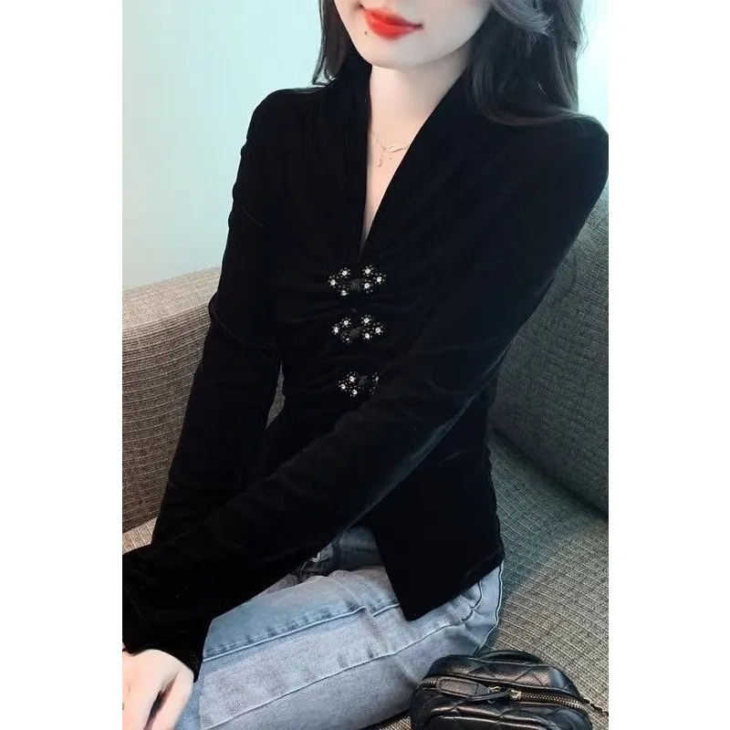 Bottoming Velvet Shirt for Women in Autumn Winter New Chinese Style Button V-neck Inner Top Shirt