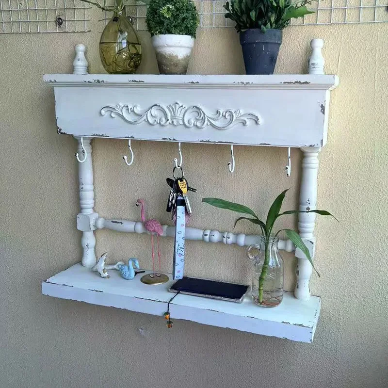 Vintage French Country Wall Mounted Shelf, White Distressed Wood, Decorative Hooks, Storage Display Rack, 24x6x22 Inch view 5