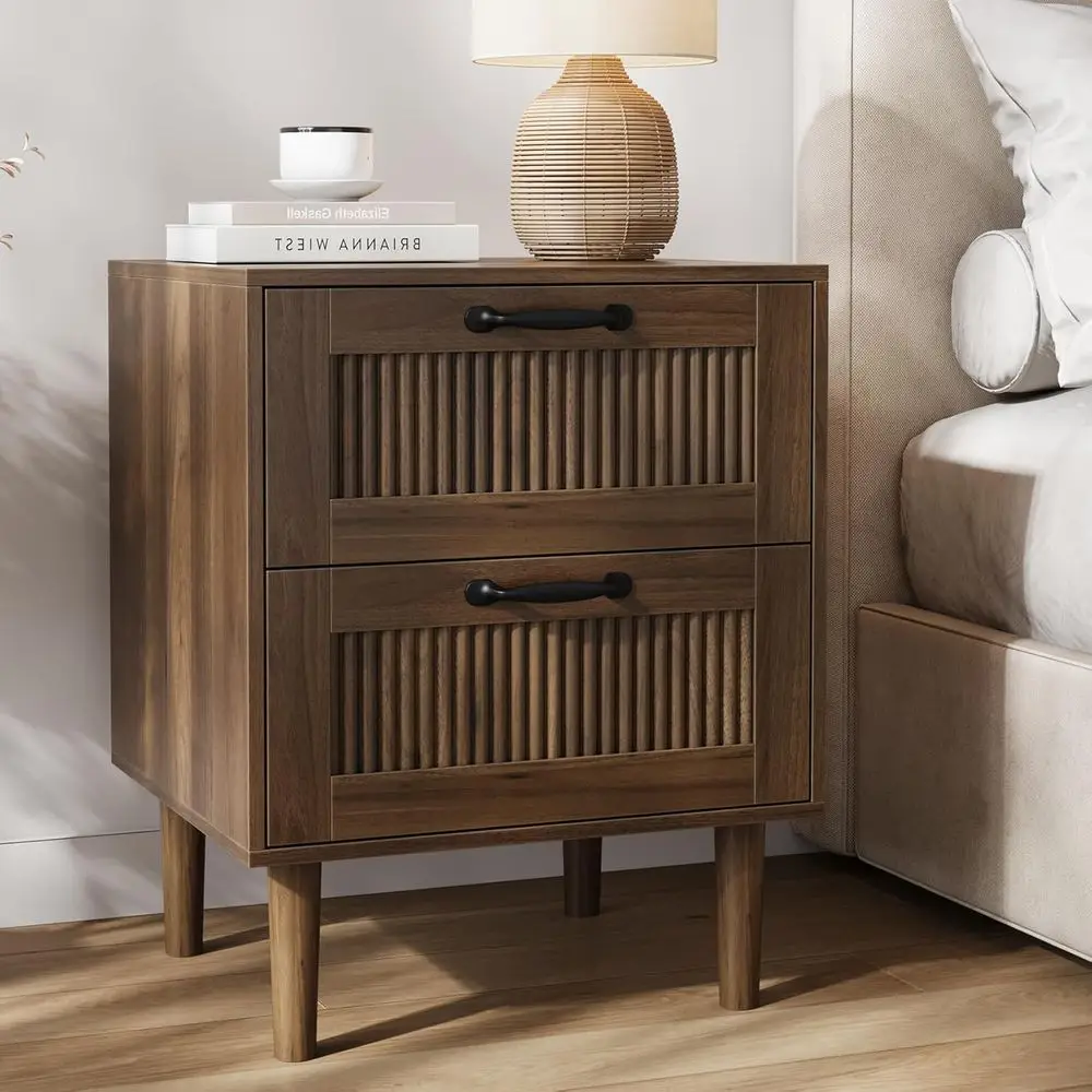 

Mid-Century Modern Nightstand with Two Drawers, Solid Wood Legs, Suitable for Bedroom or Office, Walnut Finish