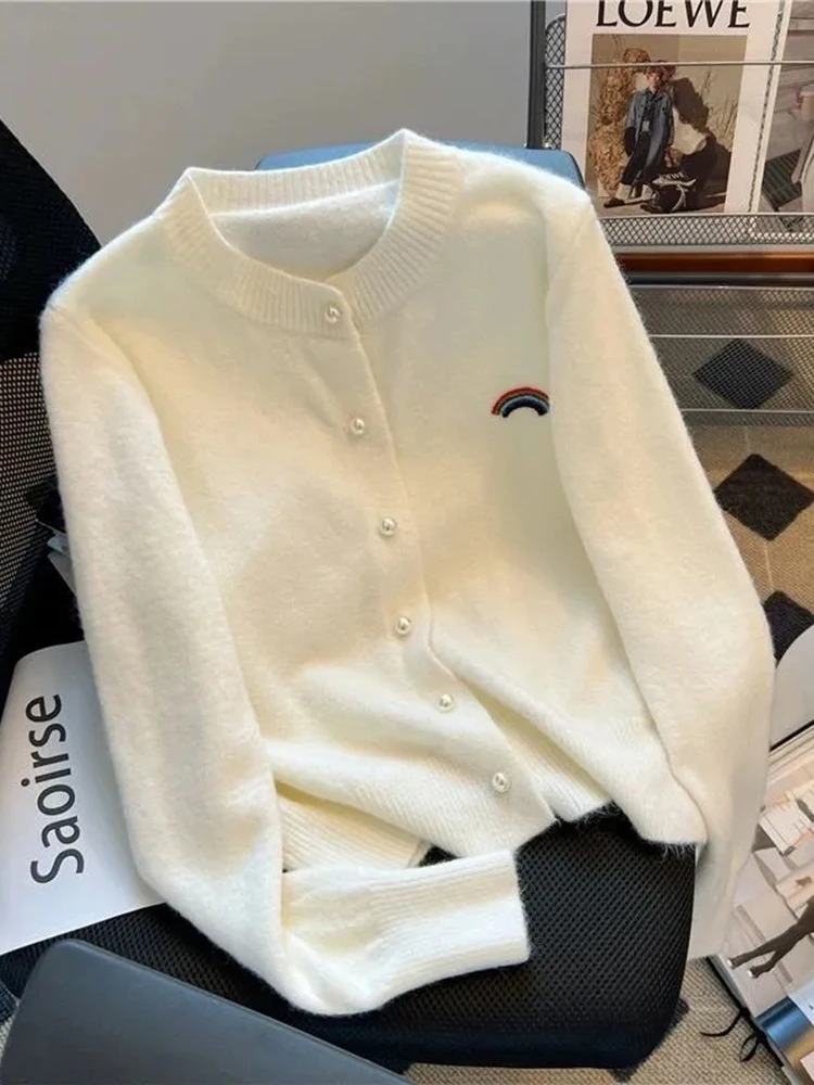 

Кардиган с радужной вышивкой, свитера, женские свободные вязаные куртки с длинными рукавами, корейские модные женские повседневные топы с круглым вырезом, новые