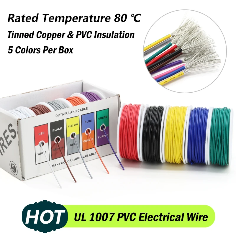 

(5 Colour Mix) UL1007 PVC Tinned Copper Cable Line Stranded Electrical Wire 30/28/26/24/22/20/18/16 AWG for PCB Wire DIY