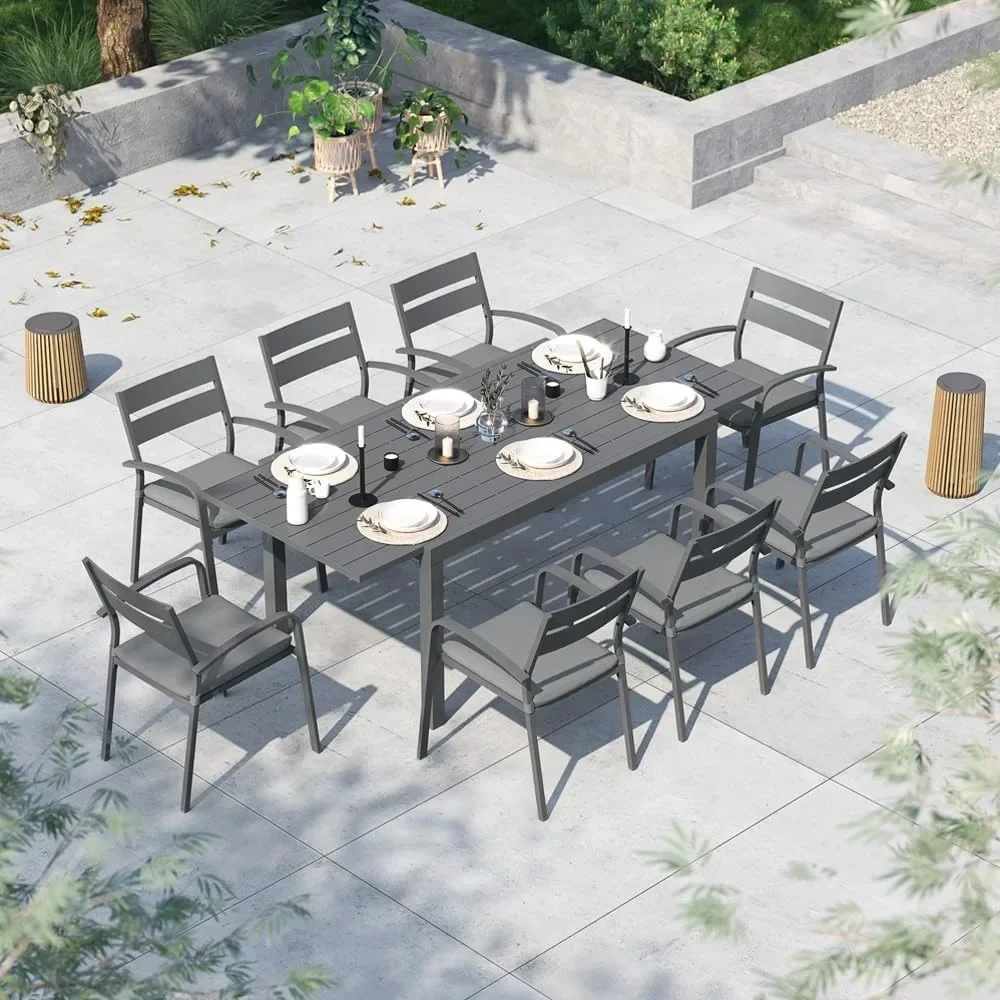 

9-Piece Outdoor Patio Dining Set, 8 Stackable Chairs with Gray Removable Cushions,Aluminum Expandable Outdoor Dining Table Set