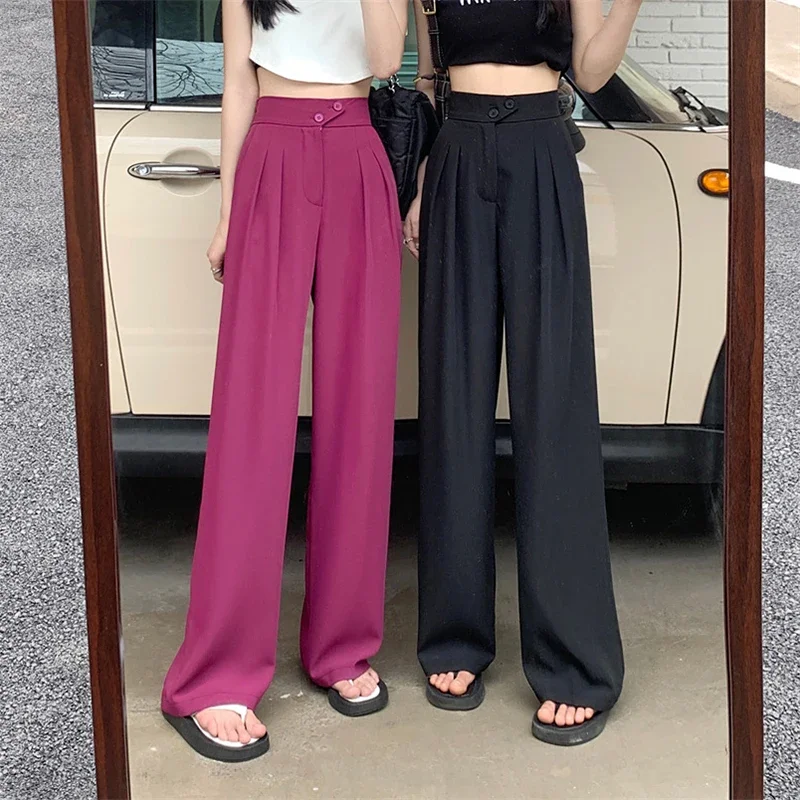 

Fold Straight Loose Casual Wide Leg Pocket Solid Trouser Vertical Long Pants Office Lady Women Clothing Summer French Elegant